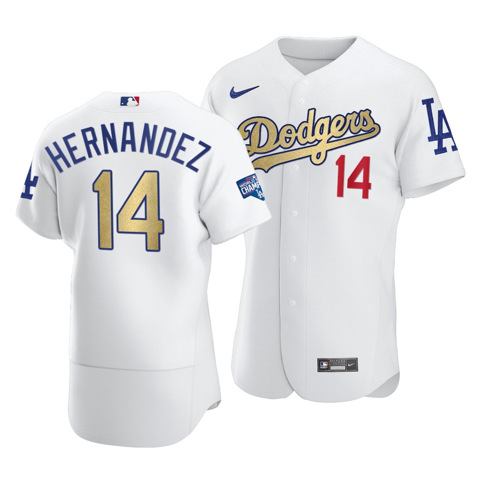 Men's Los Angeles Dodgers #14 Kiké Hernández 2021 White Gold World Series Champions Patch Sttiched Jersey